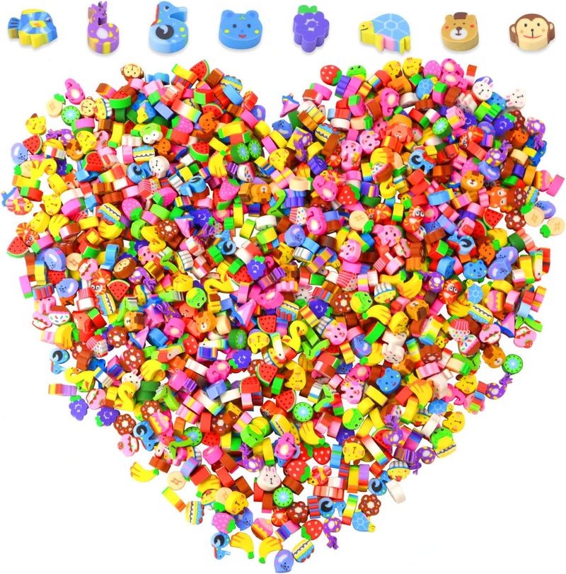 Oomcu 1200 PCS Mini Novelty Erasers,Colored Heart Sea Creature Fruit Vegetable Cake Animal Collection Pencil Eraser for Student Prize Homework Reward Party Favor Gift Filling School Supplies - Image 1